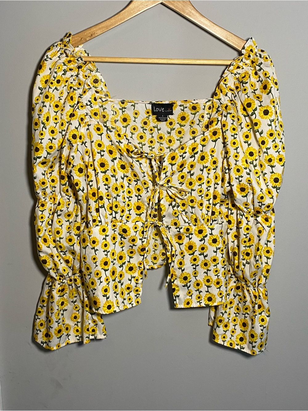 Love Brand Yellow Sunflower Tie-Front Puff Sleeve Top of